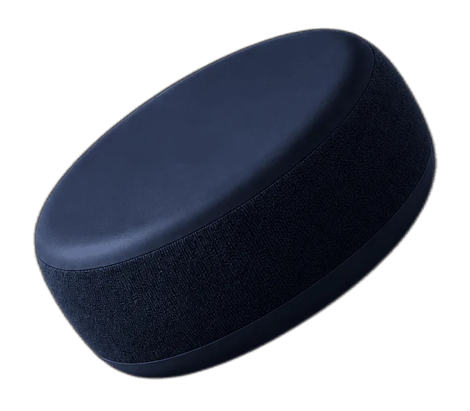 The Wove Node sensor, a soft-edged disc wrapped in dark fabric.
